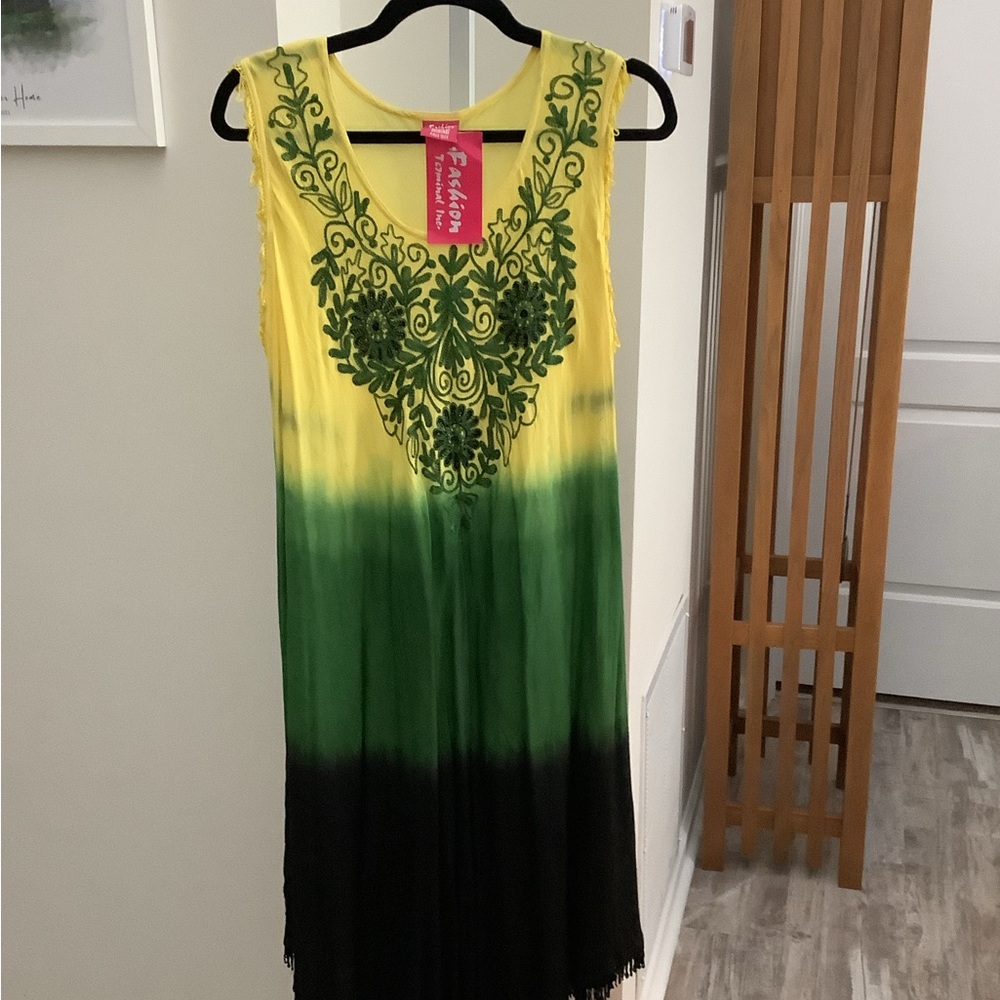 Yellow and Green Embroidered Dress